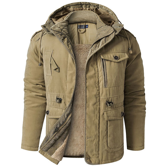 Khaki winter jacket with a hood on a white background