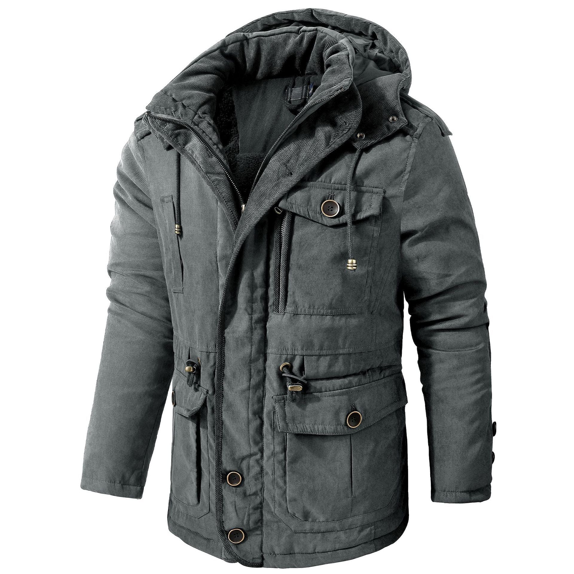 Gray winter jacket with multiple pockets and a hood on a white background