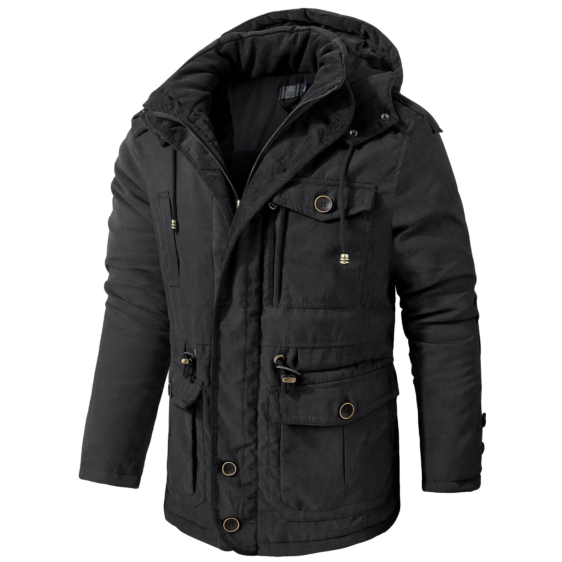 Black winter jacket with multiple pockets and a hood on a white background